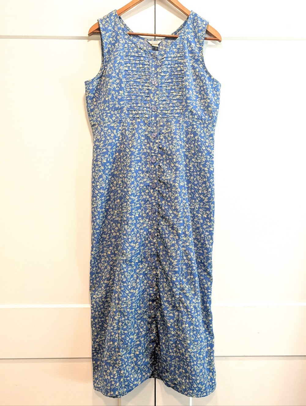 CHRISTOPHER & BANKS Women's Pintuck Button Front Blue Floral Maxi Dress Size 10